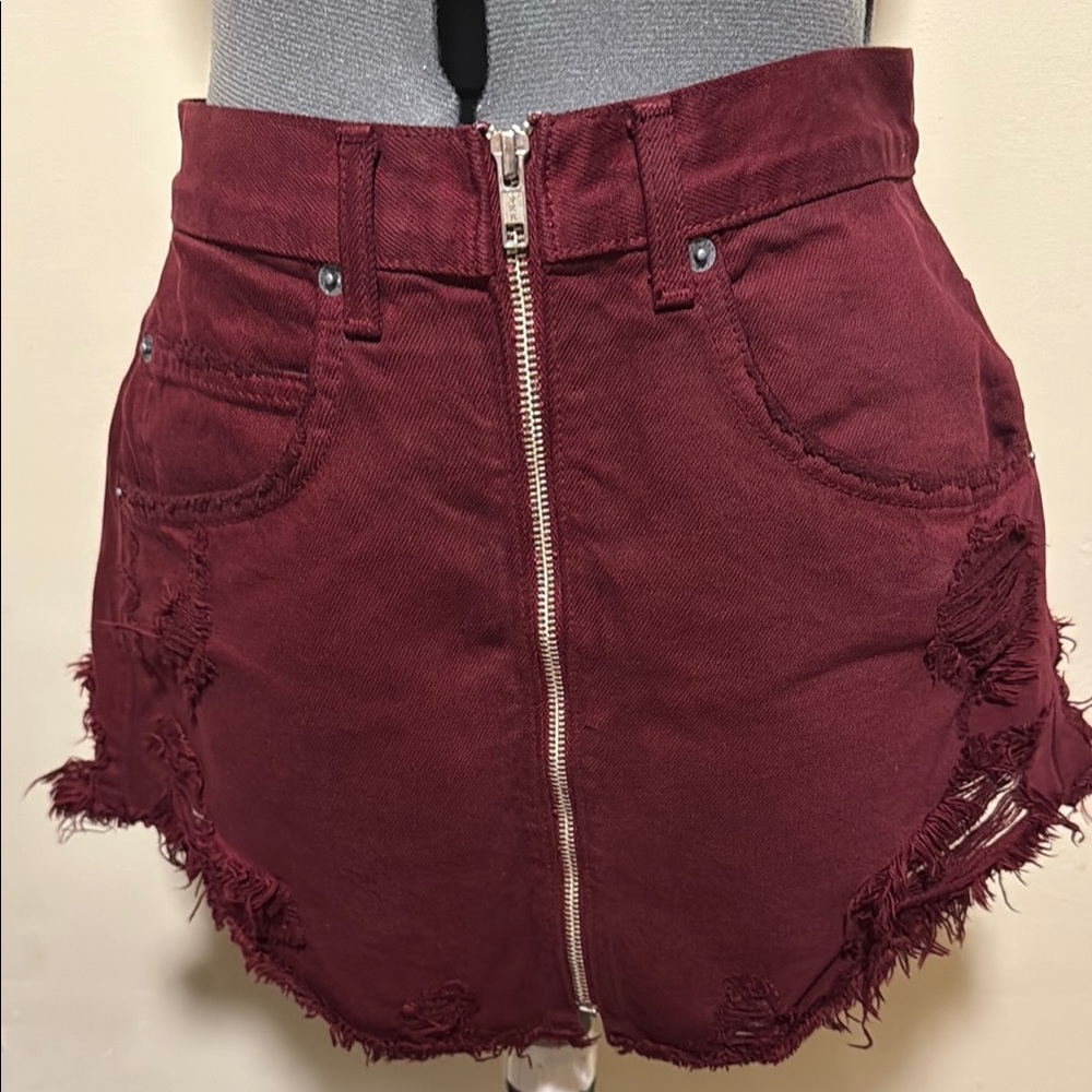 Carmar Dark Red Frayed Denim Skirt